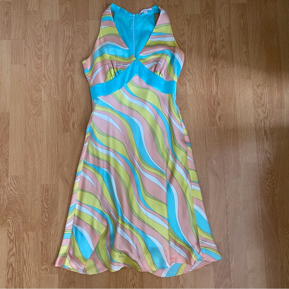 vintage y2k 100% silk slip dress vibrant blue color pucci print v-neck